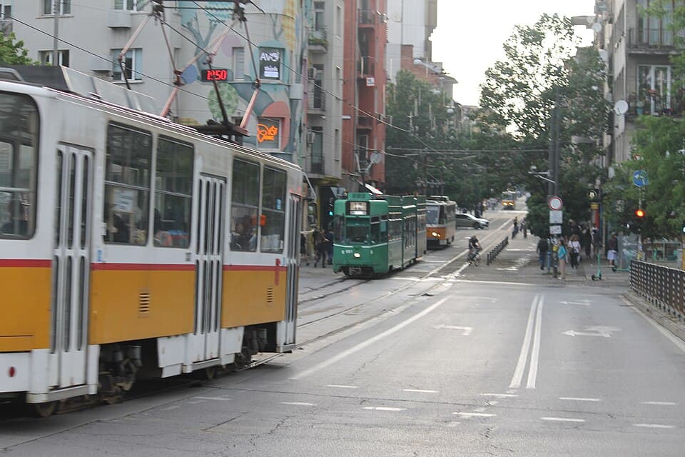 Trams passing through Graf Ignatiev Street in central Sofia