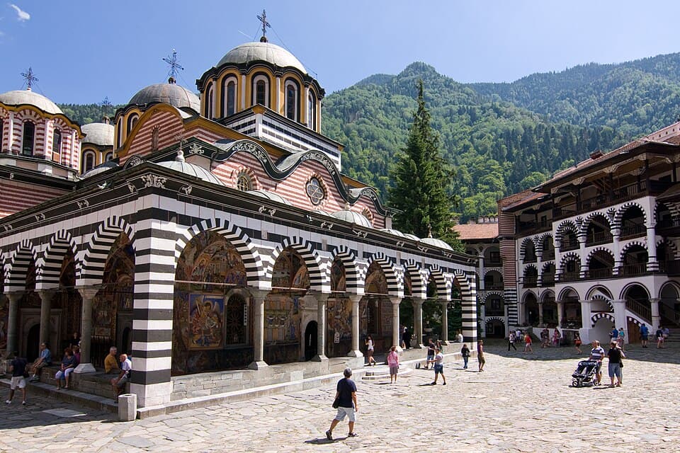 Rila Monastery's striped arcades and courtyard, the most iconic realistic Sofia day trip